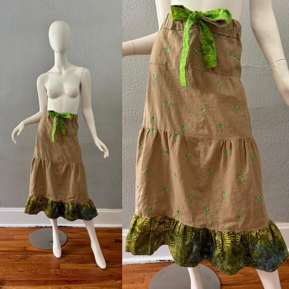 Dresses & Skirts - Vintage 60s 70s Hawaiian Tiered Bark Cloth Embroidered Ruffle Midi Skirt L